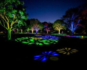 Künstlerische Lichtprojektionen im Park